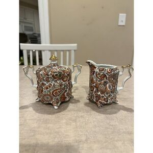 Vintage Royal Paisley Burnt Orange Rust Sugar Bowl And Creamer Set -numbered